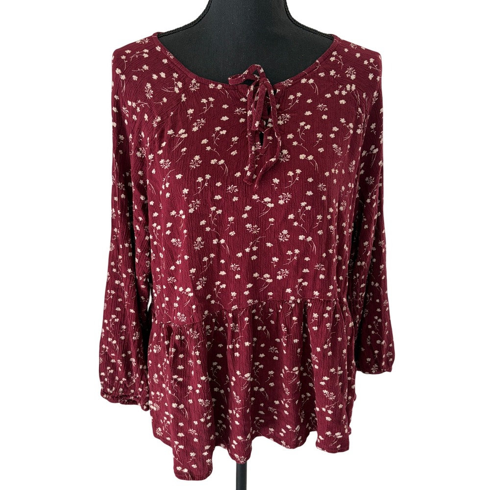 Lucky Brand Floral Peplum Blouse Womens Large Burgundy Tie Front Gauze Top